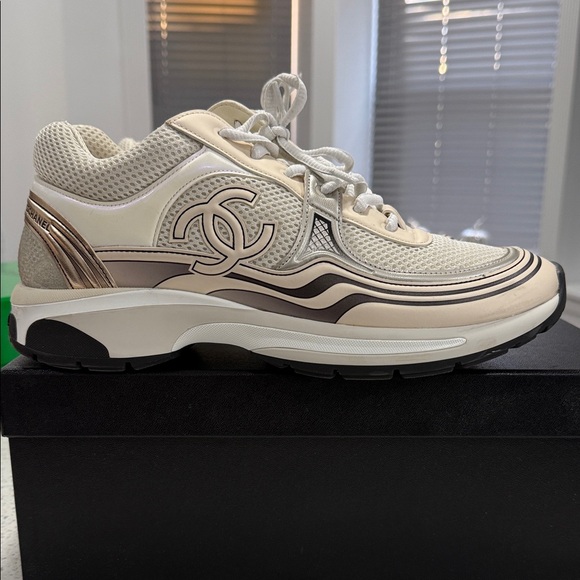 Authentic!! CHANEL Women's Beige and Metallic Sneakers - Picture 3 of 6